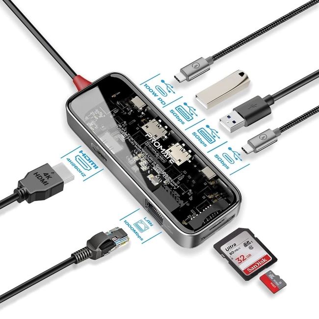 Hub Promate 8-in-1 Transparent Ultra-Fast Multiport USB-C
